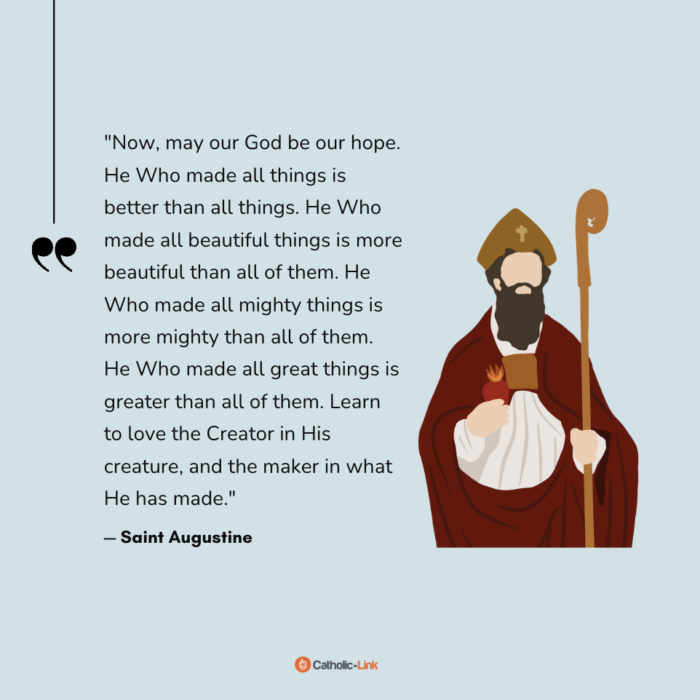 "Now, may our God be our hope. He Who made all things is better than all things. He Who made all beautiful things is more beautiful than all of them. He Who made all mighty things is more mighty than all of them. He Who made all great things is greater than all of them. Learn to love the Creator in His creature, and the maker in what He has made."
— Saint Augustine
